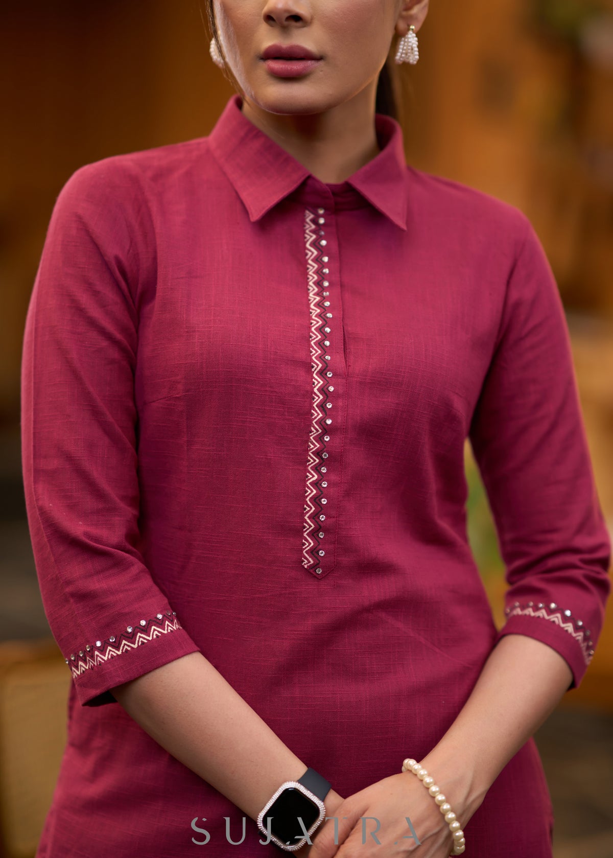 Dussehra Sale — Classy wine cotton collared kurta with Gond painting - Pant Optional