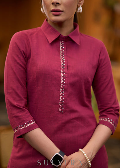 Classy wine cotton collared kurta with Gond painting - Pant optional