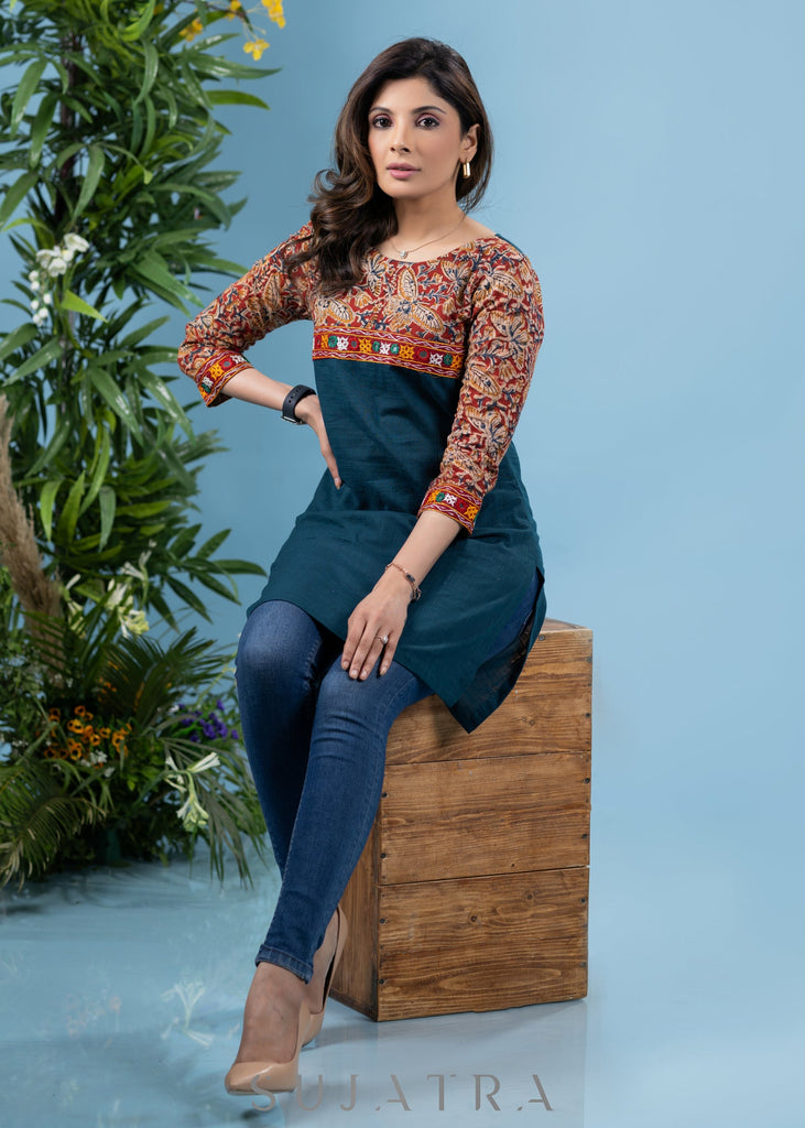 Trendy navy blue cotton tunic with kalamkari combination & Kutch mirror work