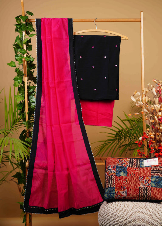 Exclusive Black Cotton Silk Hand Embroidered Mirror Work suit set with Pink Bottom and Chanderi Dupatta