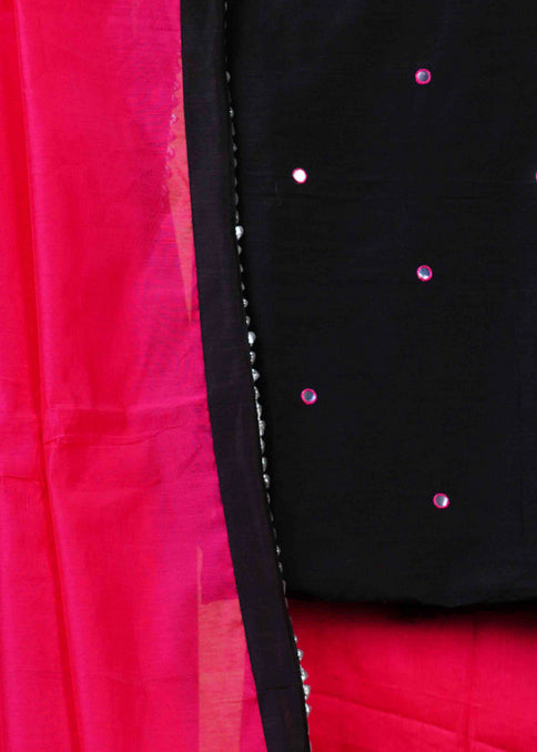 Exclusive Black Cotton Silk Hand Embroidered Mirror Work suit set with Pink Bottom and Chanderi Dupatta