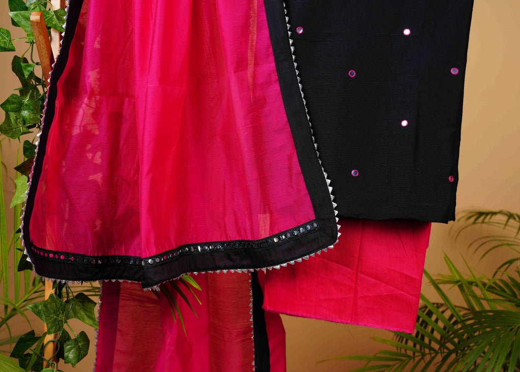 Exclusive Black Cotton Silk Hand Embroidered Mirror Work suit set with Pink Bottom and Chanderi Dupatta