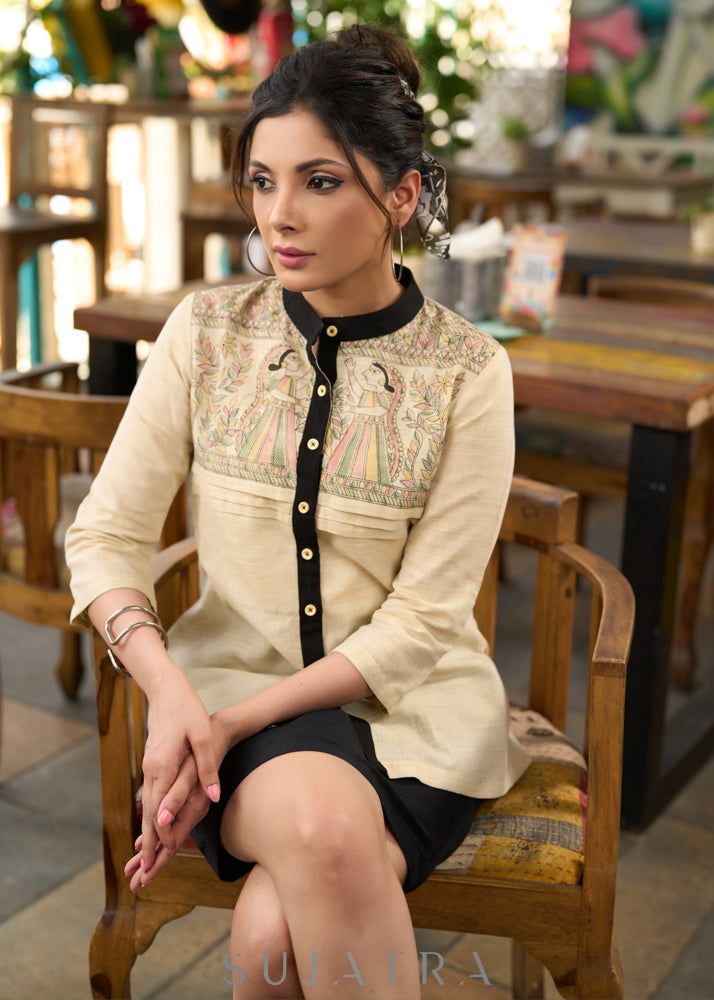 Exclusive cotton beige shirt with madhubani yoke & pleates infront - Skirt Optional