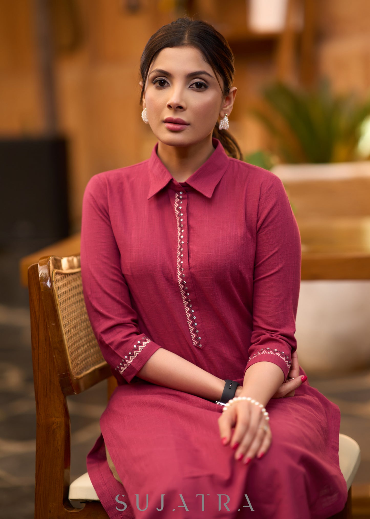 Classy wine cotton collared kurta with Gond painting - Pant optional