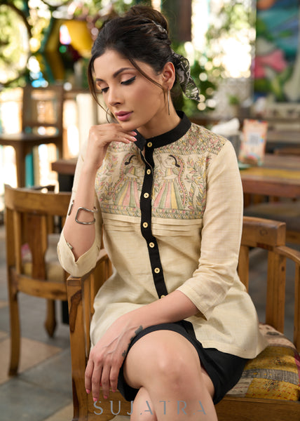 Exclusive cotton beige shirt with madhubani yoke & pleates infront - Skirt Optional