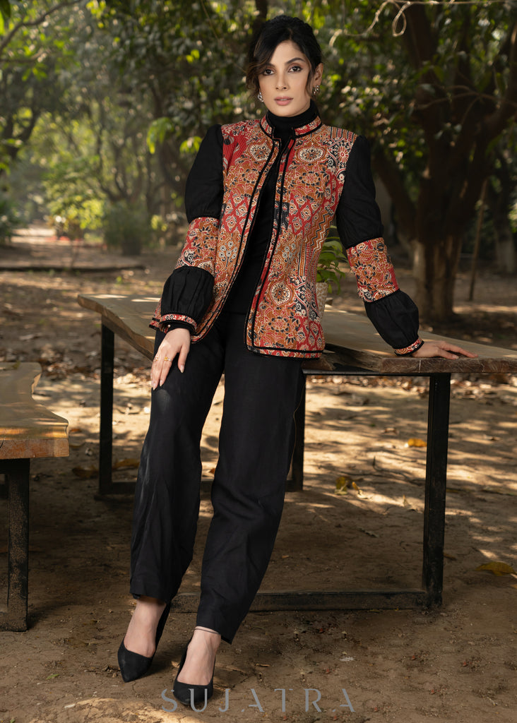 Trendy black cotton kantha patchwork jacket with mandarin collar