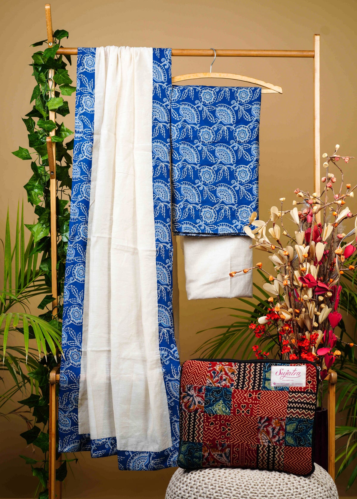 Blue Floral Print Cotton Suit Set with Chanderi Dupatta