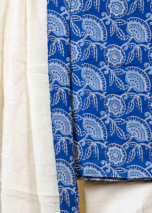 Blue Floral Print Cotton Suit Set with Chanderi Dupatta