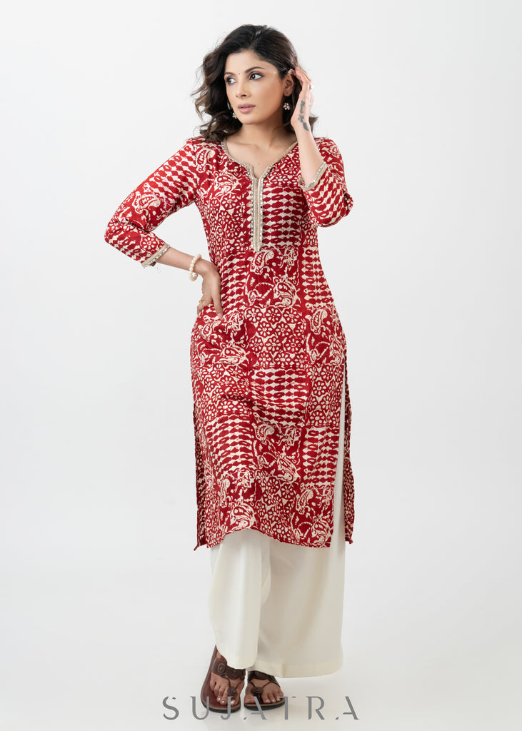 Beautiful Red Printed Flowy Rayon Kurta With Laces-Pant Optional