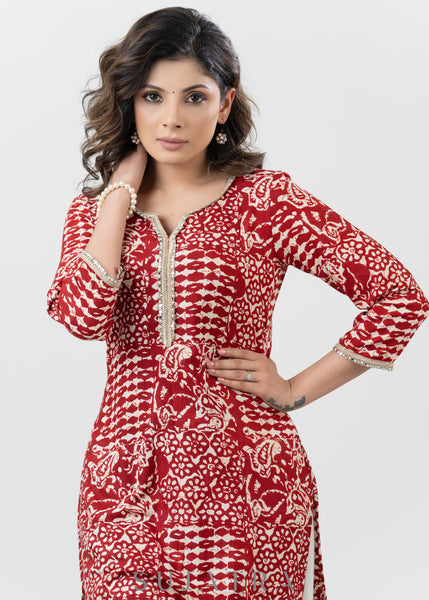 Beautiful Red Printed Flowy Rayon Kurta With Laces-Pant Optional