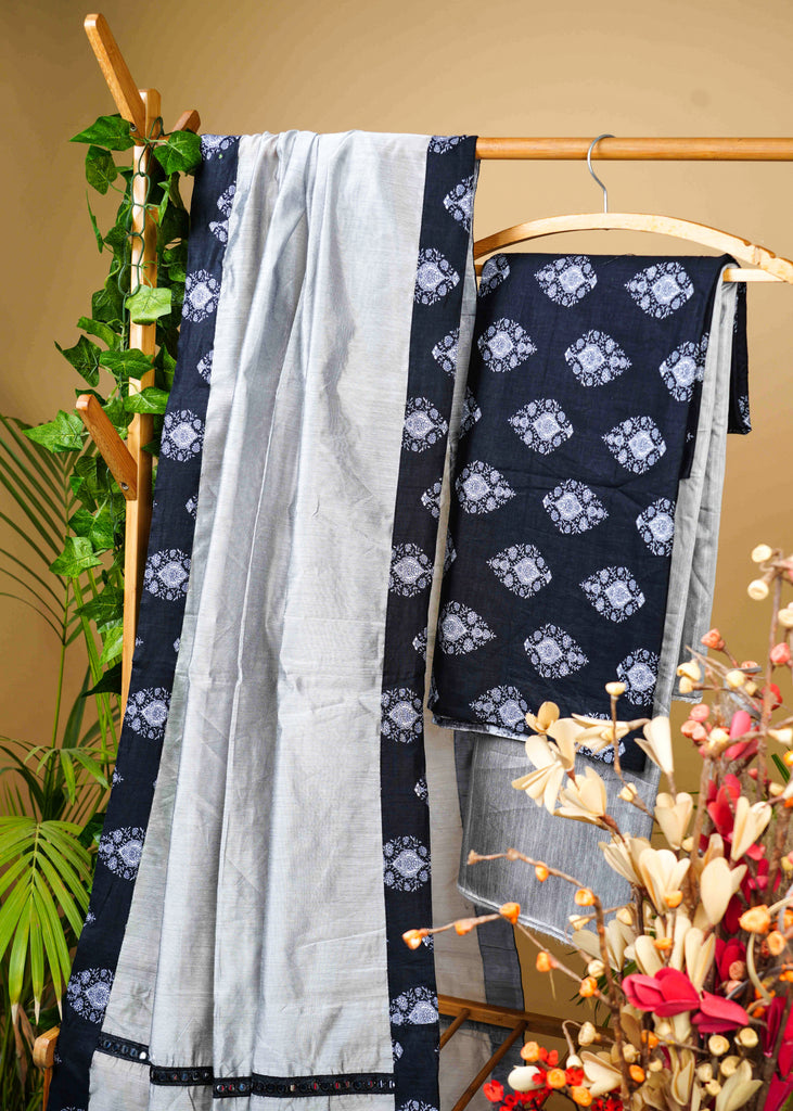 Black Cotton Printed Suit set with Grey Cotton Silk Bottom and Chanderi Dupatta