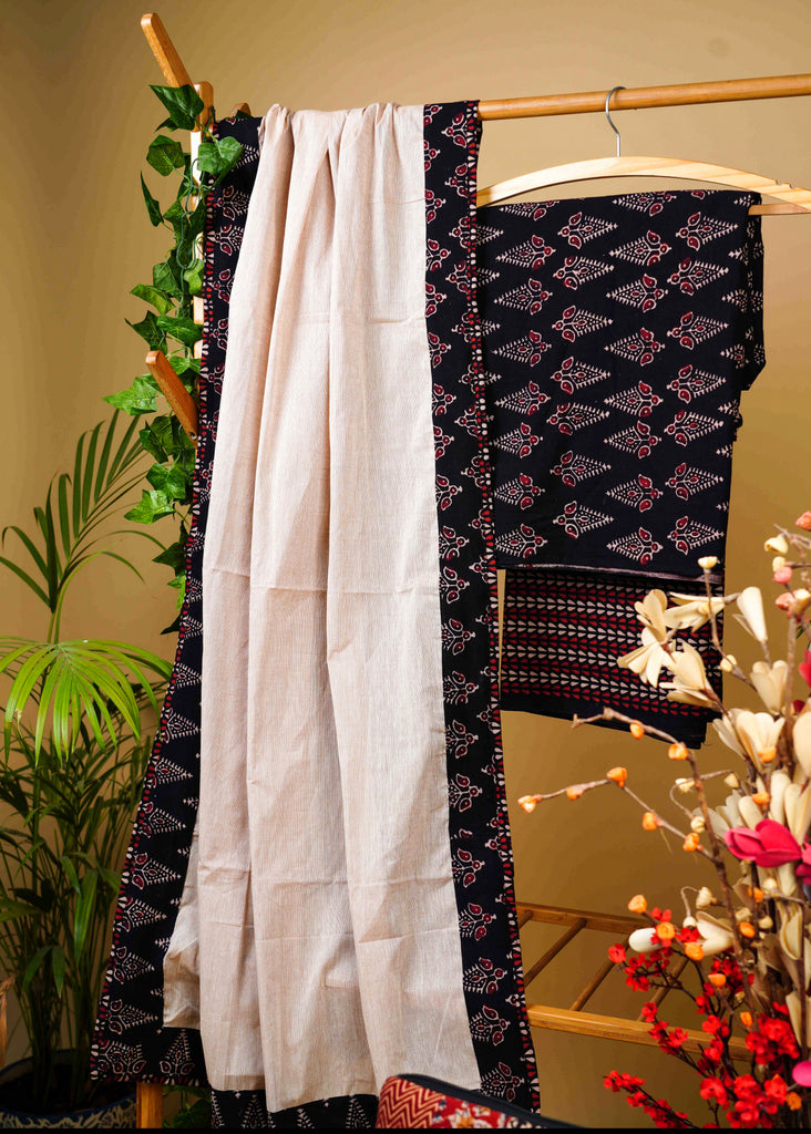 Black Cotton Ajrakh Suit Set with Cotton Dupatta