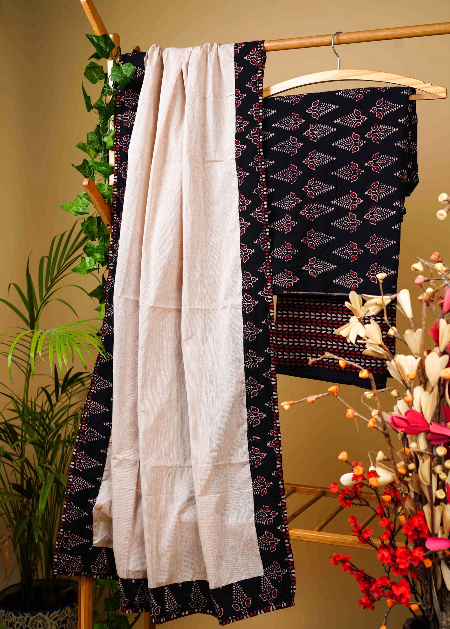 Black Cotton Ajrakh Suit Set with Cotton Dupatta