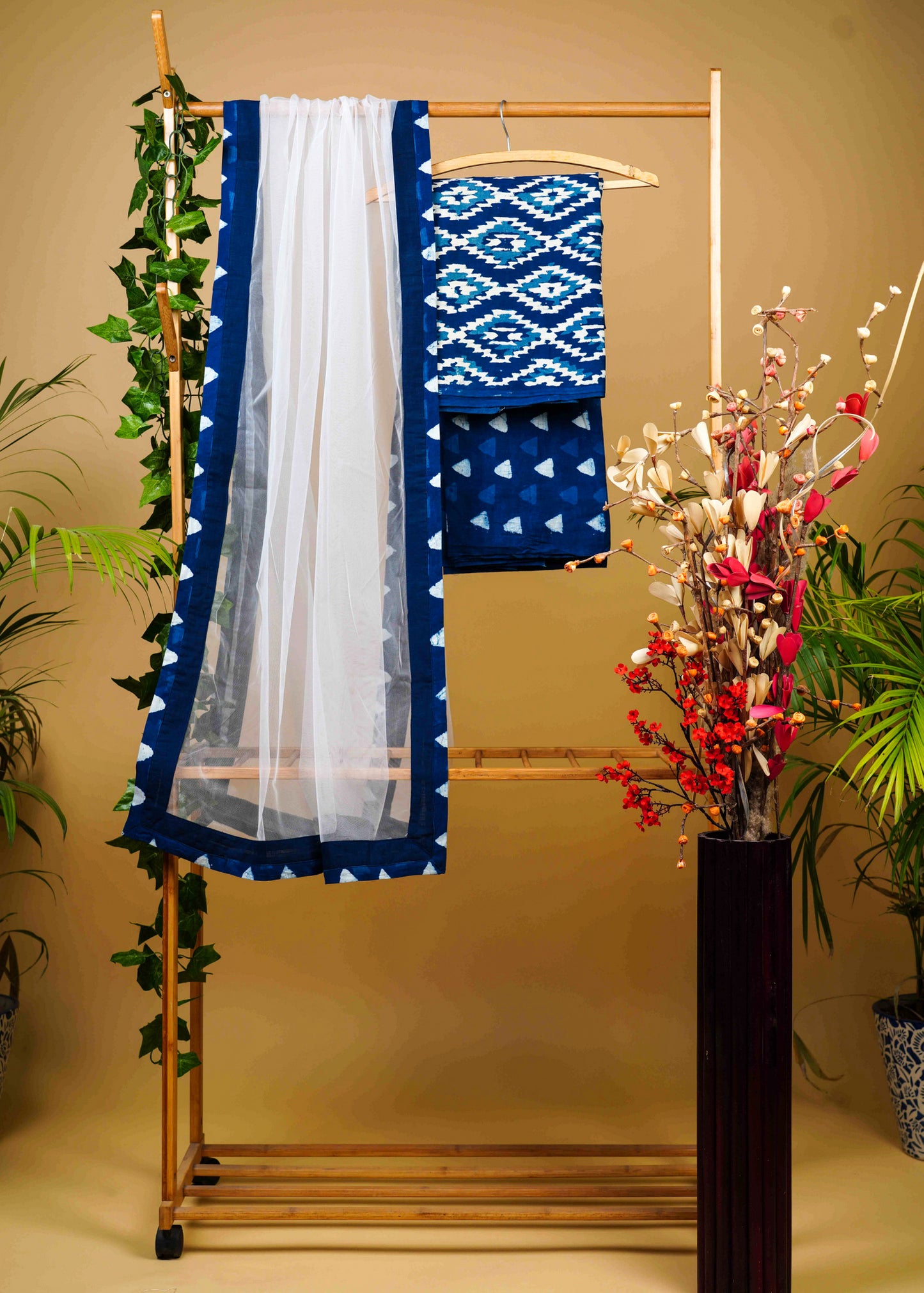 Smart Cotton Indigo Suit Set with Stylish Net Dupatta