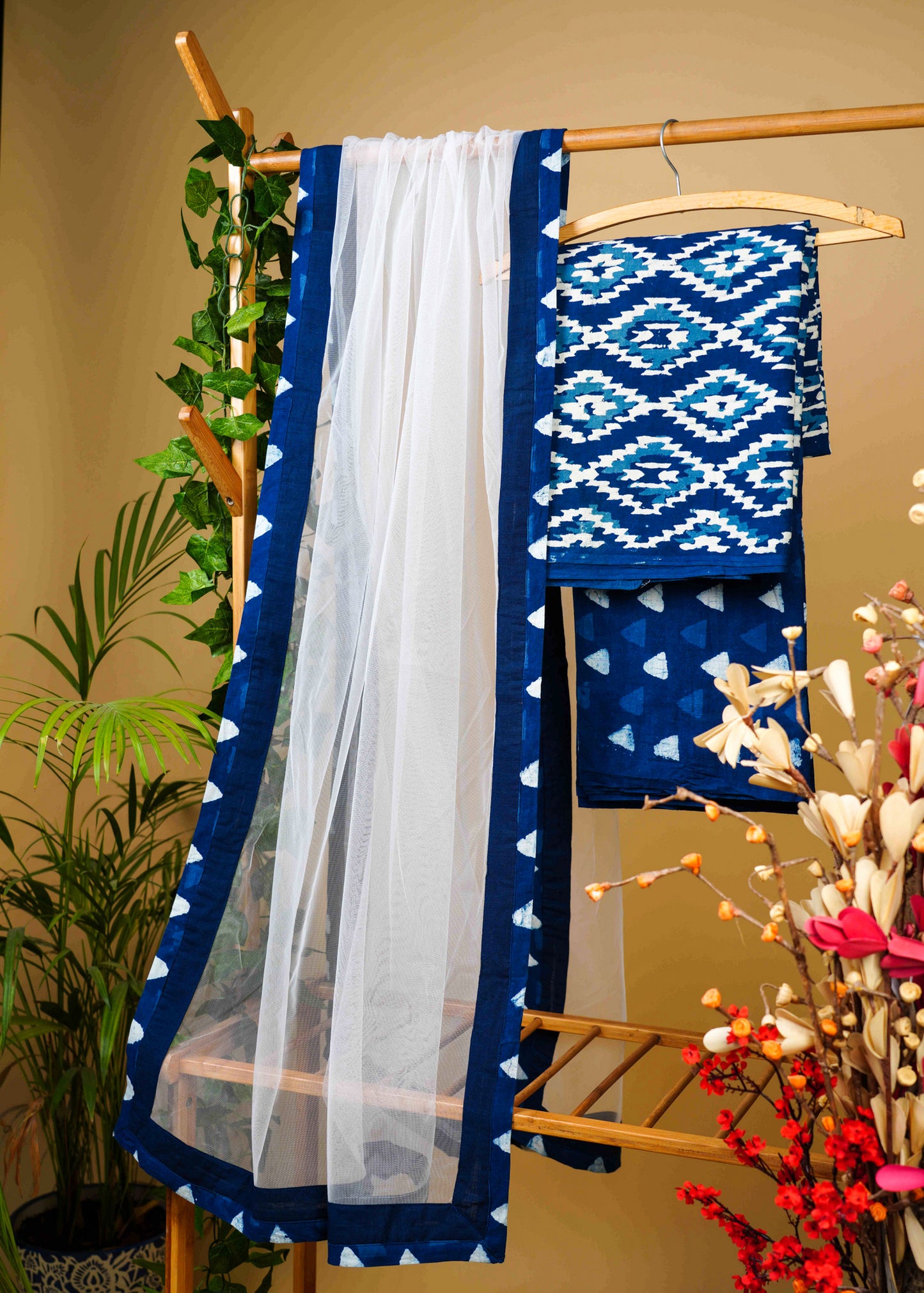 Smart Cotton Indigo Suit Set with Stylish Net Dupatta