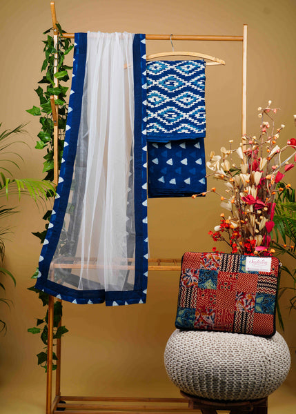 Smart Cotton Indigo Suit Set with Stylish Net Dupatta