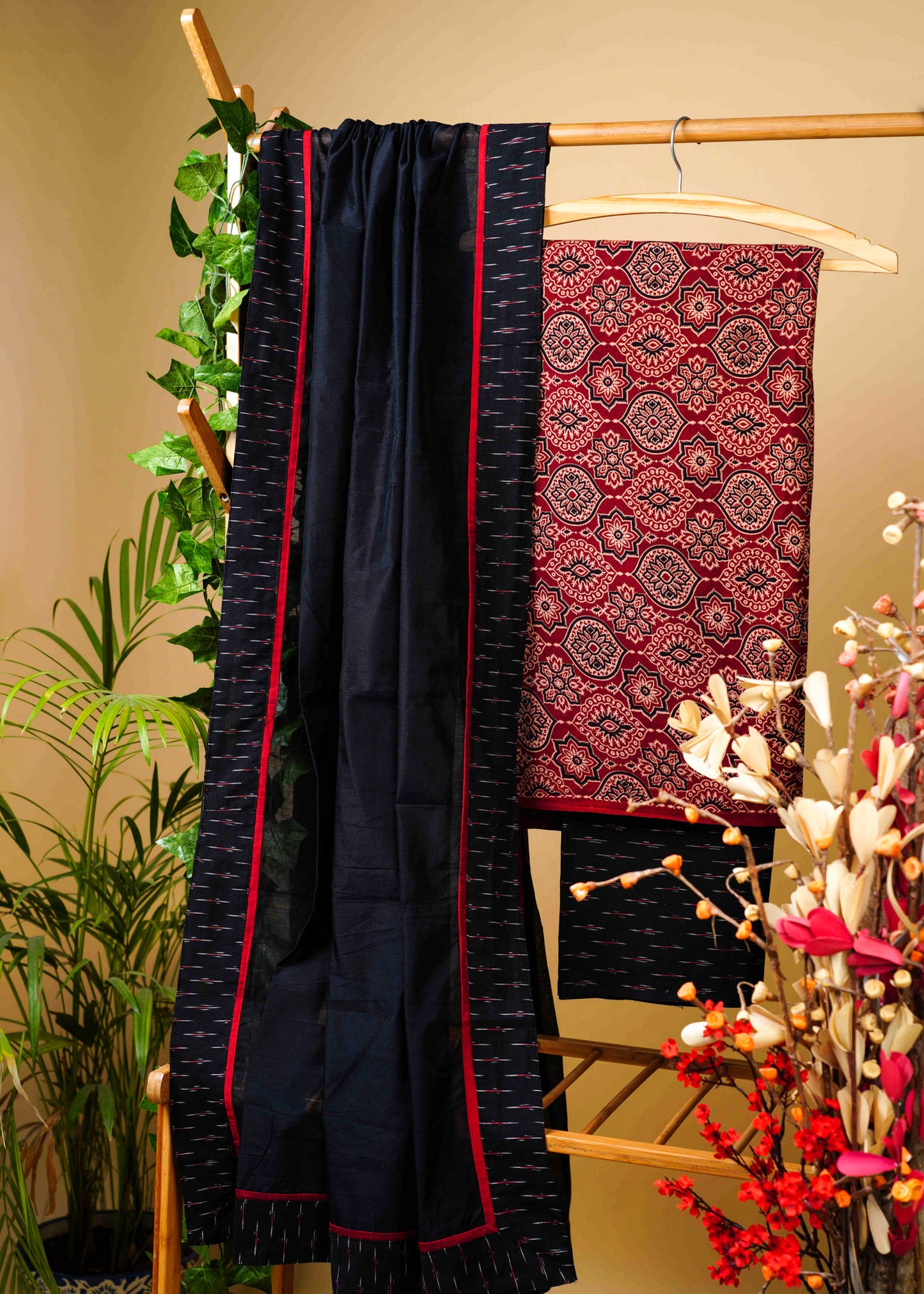 Elegant Cotton Maroon Mughal Print Ajrakh Suit Set with Ikat bottom and Chanderi Dupatta