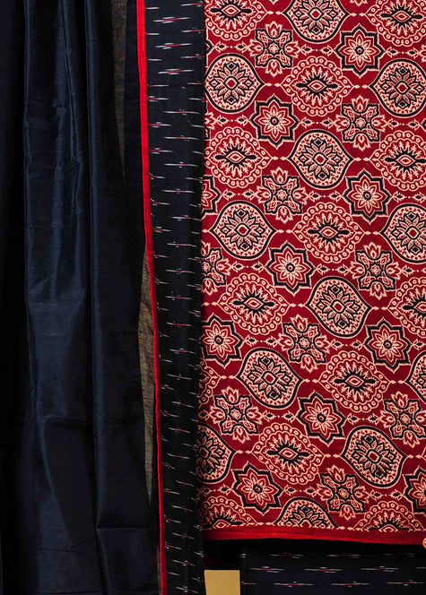 Elegant Cotton Maroon Mughal Print Ajrakh Suit Set with Ikat bottom and Chanderi Dupatta