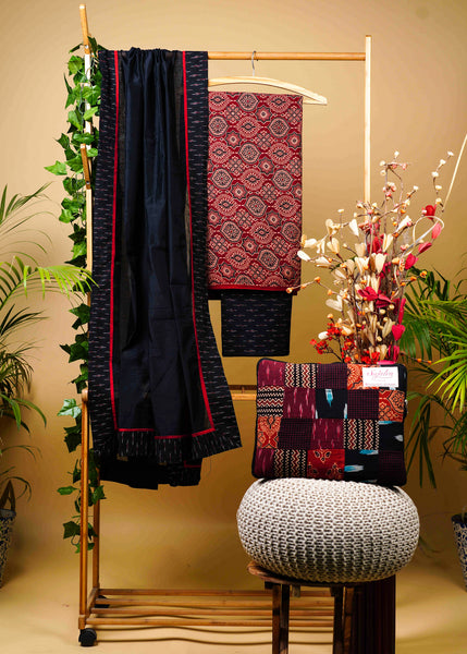 Elegant Cotton Maroon Mughal Print Ajrakh Suit Set with Ikat bottom and Chanderi Dupatta