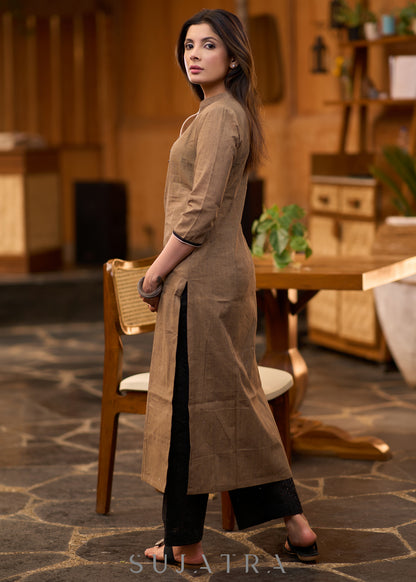 Elegant dark beige cotton kurta with embroidered motif on one side Pant optional