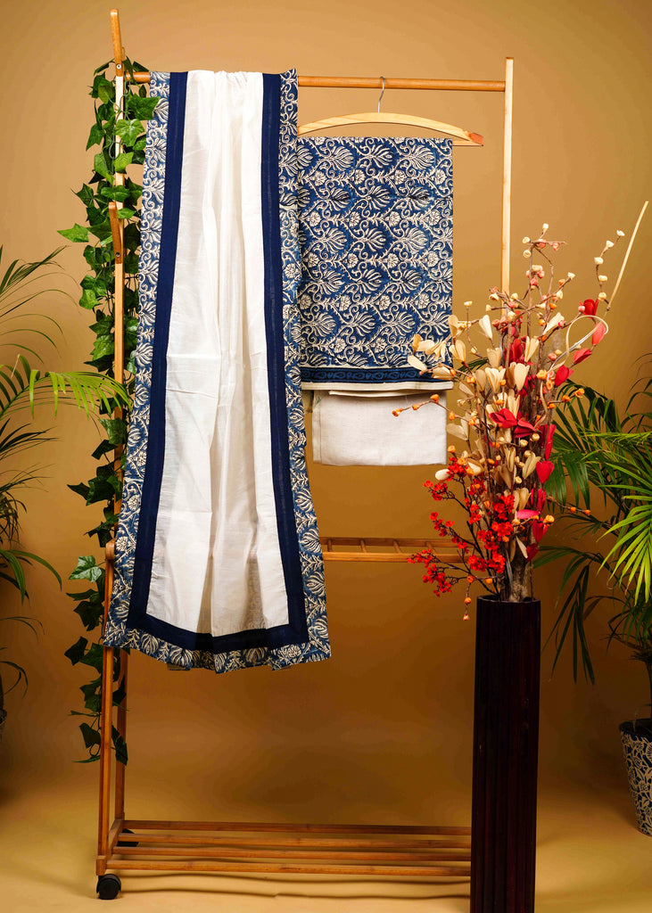 Smart Cotton Blue Printed Suit Set with Chanderi Dupatta