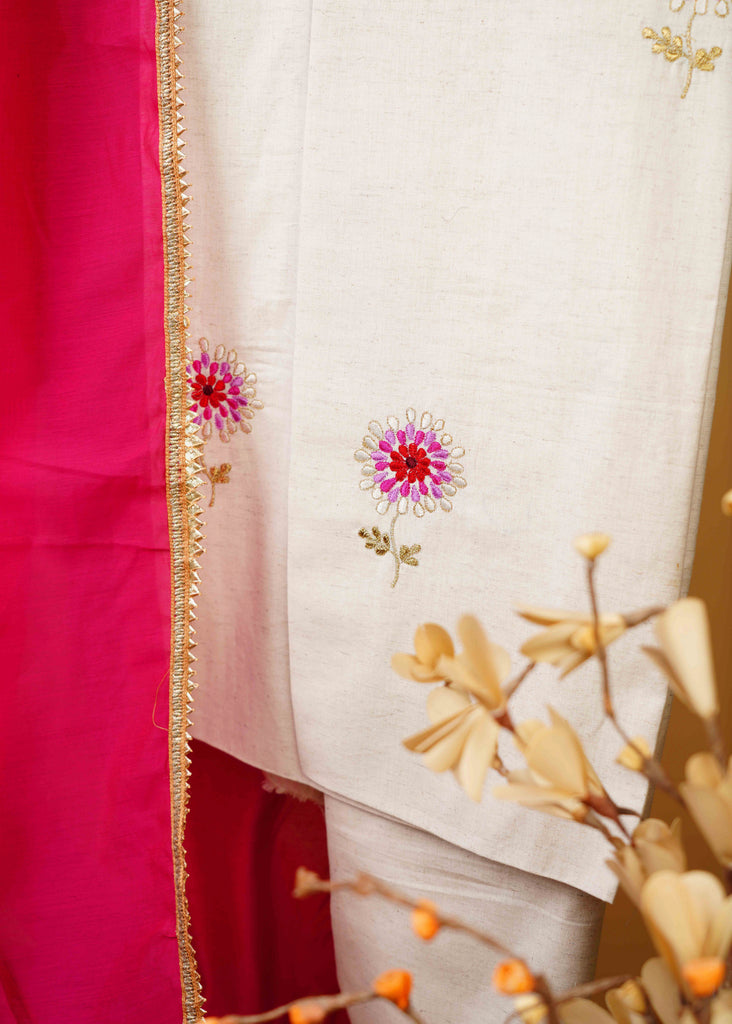 Trendy Cotton Ivory Floral Embroidered Suit Set with Contrast Pink Chanderi Dupatta