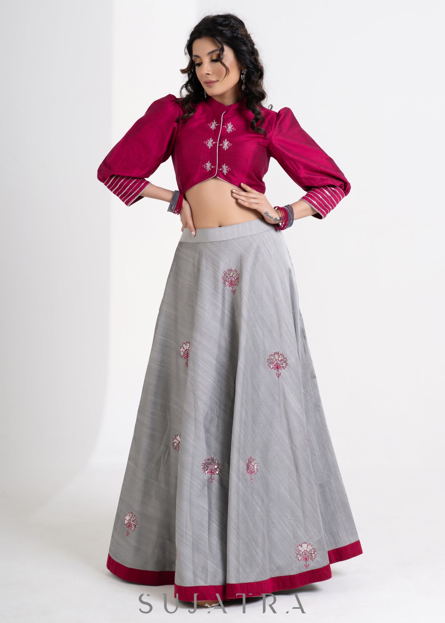 Stylish Grey Cotton Silk Lehenga with Magenta Cottonn Silk Blouse & Net Dupatta