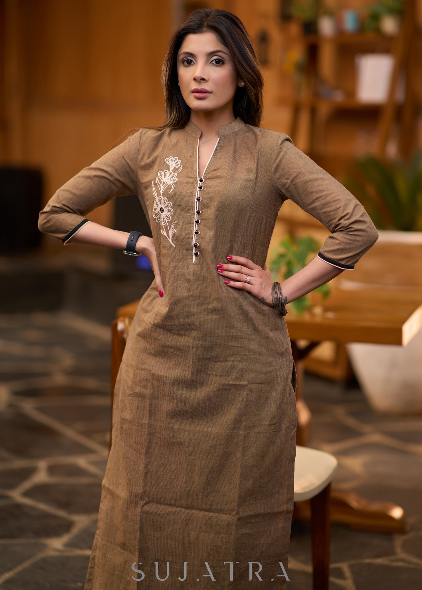 Elegant dark beige cotton kurta with embroidered motif on one side Pant optional