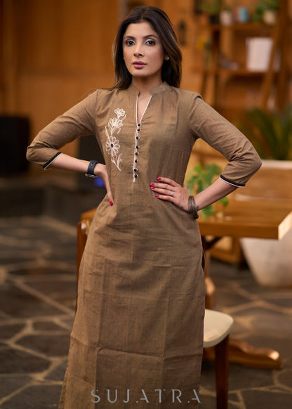 Elegant dark beige cotton kurta with embroidered motif on one side Pant optional