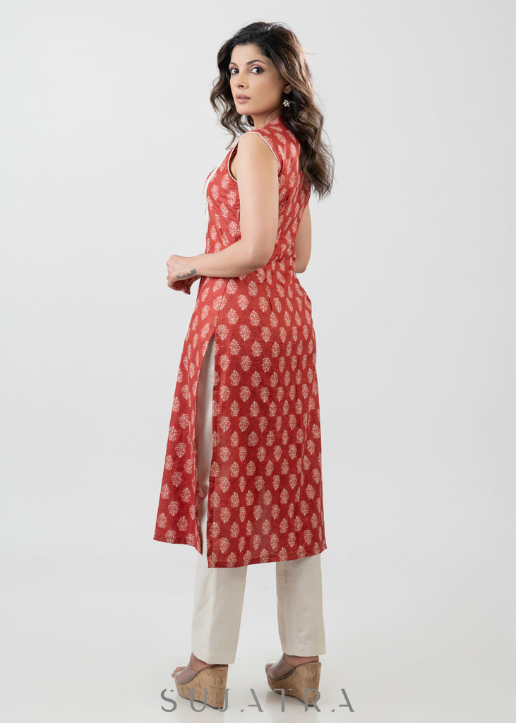 Smart Cotton Sleeveless Red Printed Kurta-Pant Optional