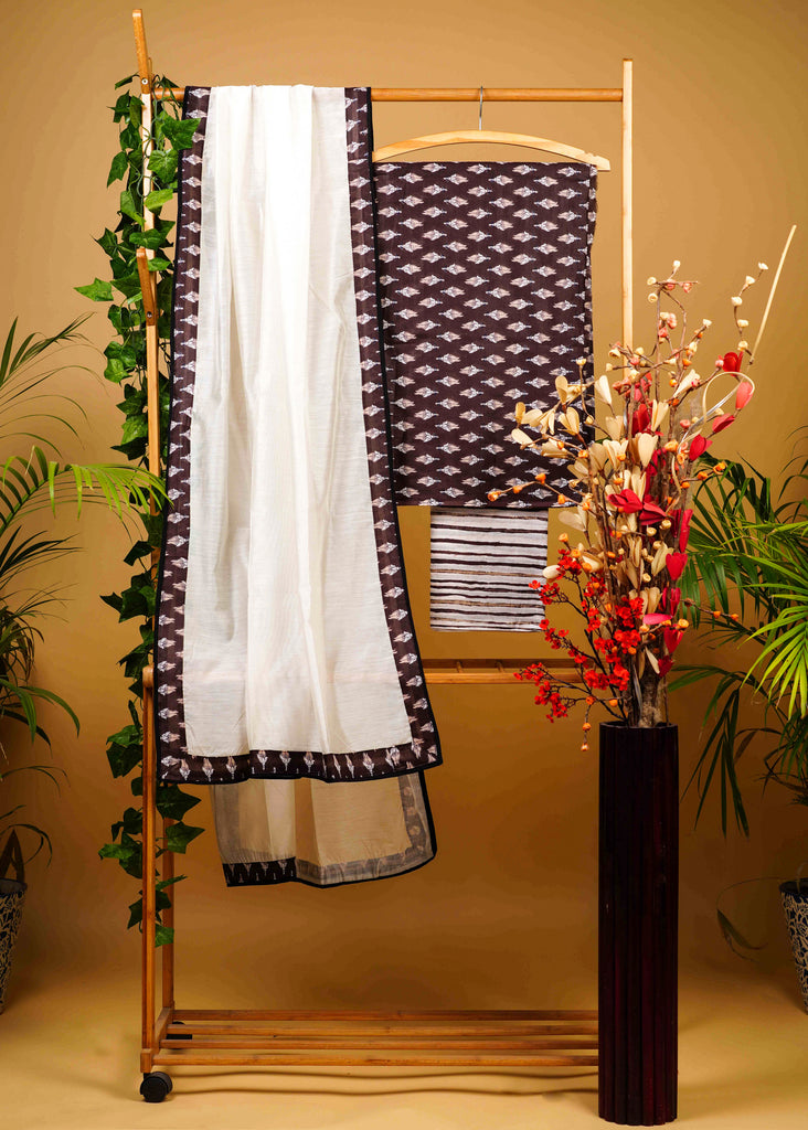 Elegant Cotton Coffee Brown Printed Suit Set with Chanderi Dupatta