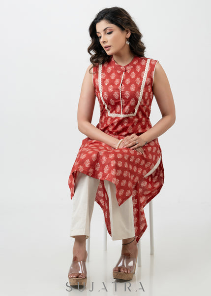Smart Cotton Sleeveless Red Printed Kurta-Pant Optional