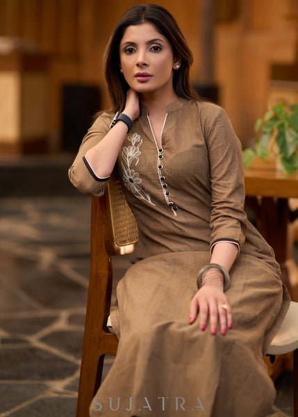 Elegant dark beige cotton kurta with embroidered motif on one side Pant optional