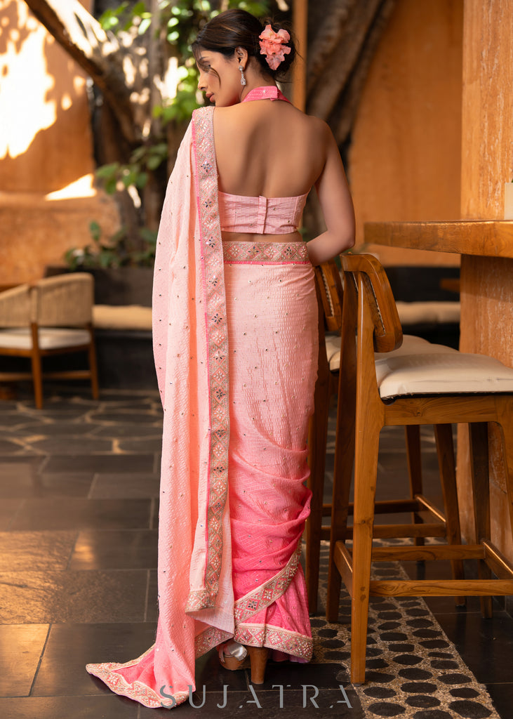 Exclusive Pink Ombre Georgett Saree With Overall Mirror Embroidery Highlighted With Elegant Mirror Lace