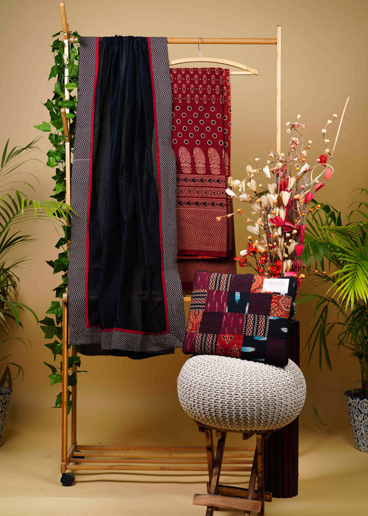 Exclusive Cotton Black and Maroon Combination Ajrakh Suit Set with Ajrakh bottom and Chanderi Dupatta