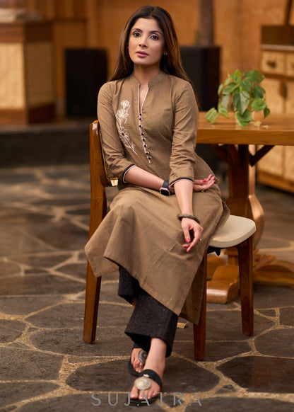 Elegant dark beige cotton kurta with embroidered motif on one side Pant optional