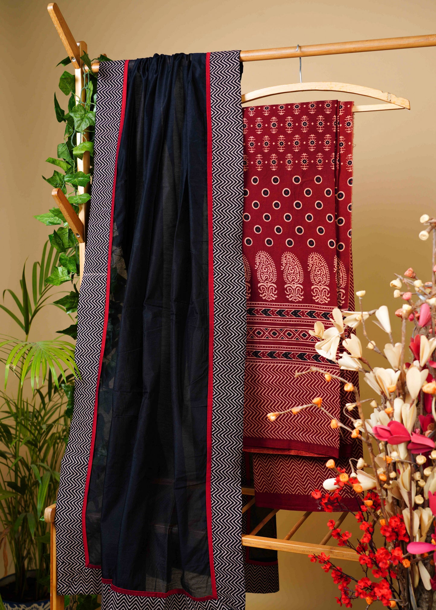 Exclusive Cotton Black and Maroon Combination Ajrakh Suit Set with Ajrakh bottom and Chanderi Dupatta