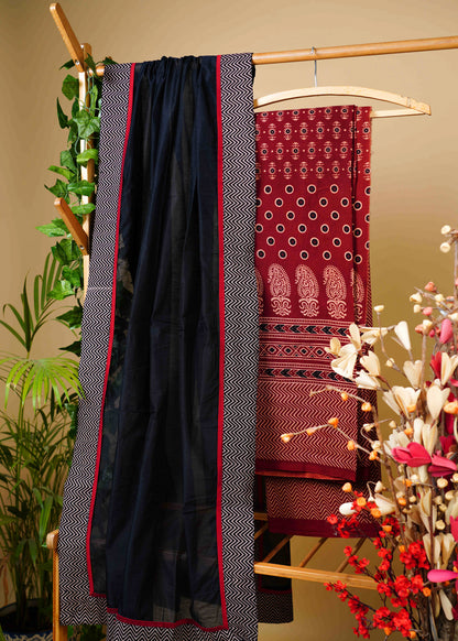 Exclusive Cotton Black and Maroon Combination Ajrakh Suit Set with Ajrakh bottom and Chanderi Dupatta