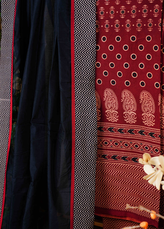 Exclusive Cotton Black and Maroon Combination Ajrakh Suit Set with Ajrakh bottom and Chanderi Dupatta