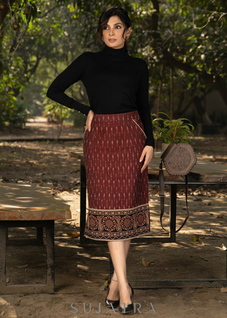 Stlyish maroon ikat fitted skirt with beautiful ajrakh combination