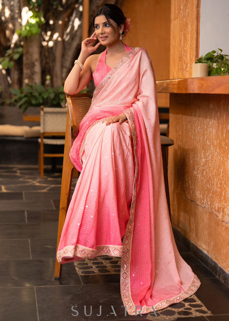 Exclusive Pink Ombre Georgett Saree With Overall Mirror Embroidery Highlighted With Elegant Mirror Lace
