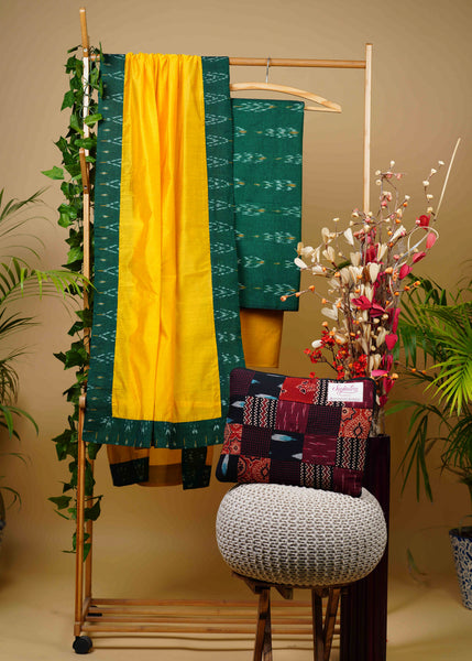 Smart Cotton Green Ikat Suit Set with Contrast Bottom and Chanderi Dupatta