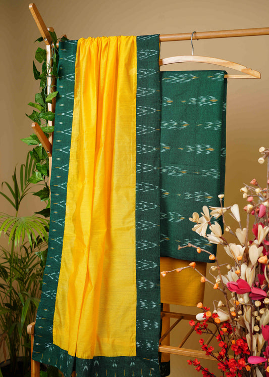 Smart Cotton Green Ikat Suit Set with Contrast Bottom and Chanderi Dupatta