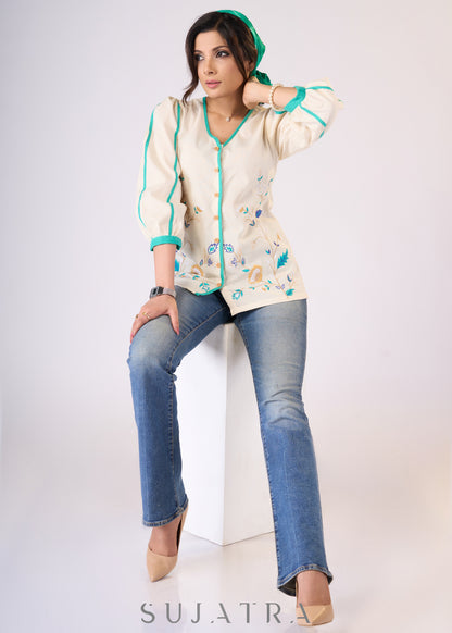 Elegant Off-white cotton top with contrast embroidery