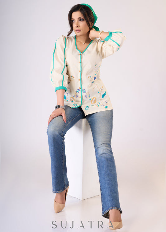 Elegant Off-white cotton top with contrast embroidery