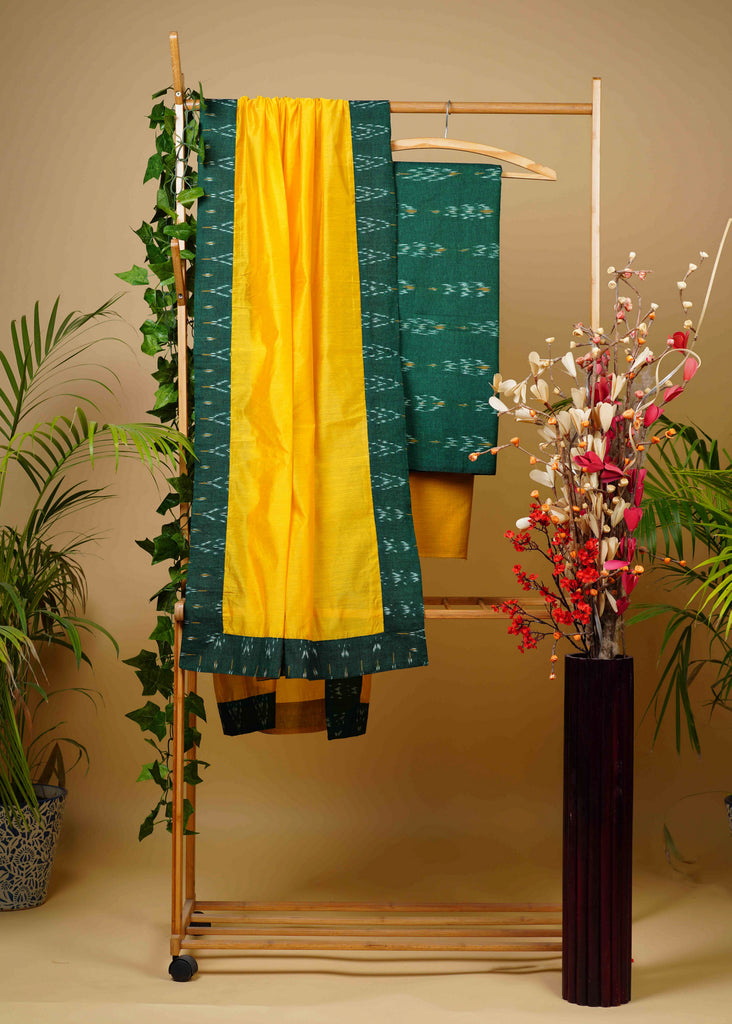 Smart Cotton Green Ikat Suit Set with Contrast Bottom and Chanderi Dupatta