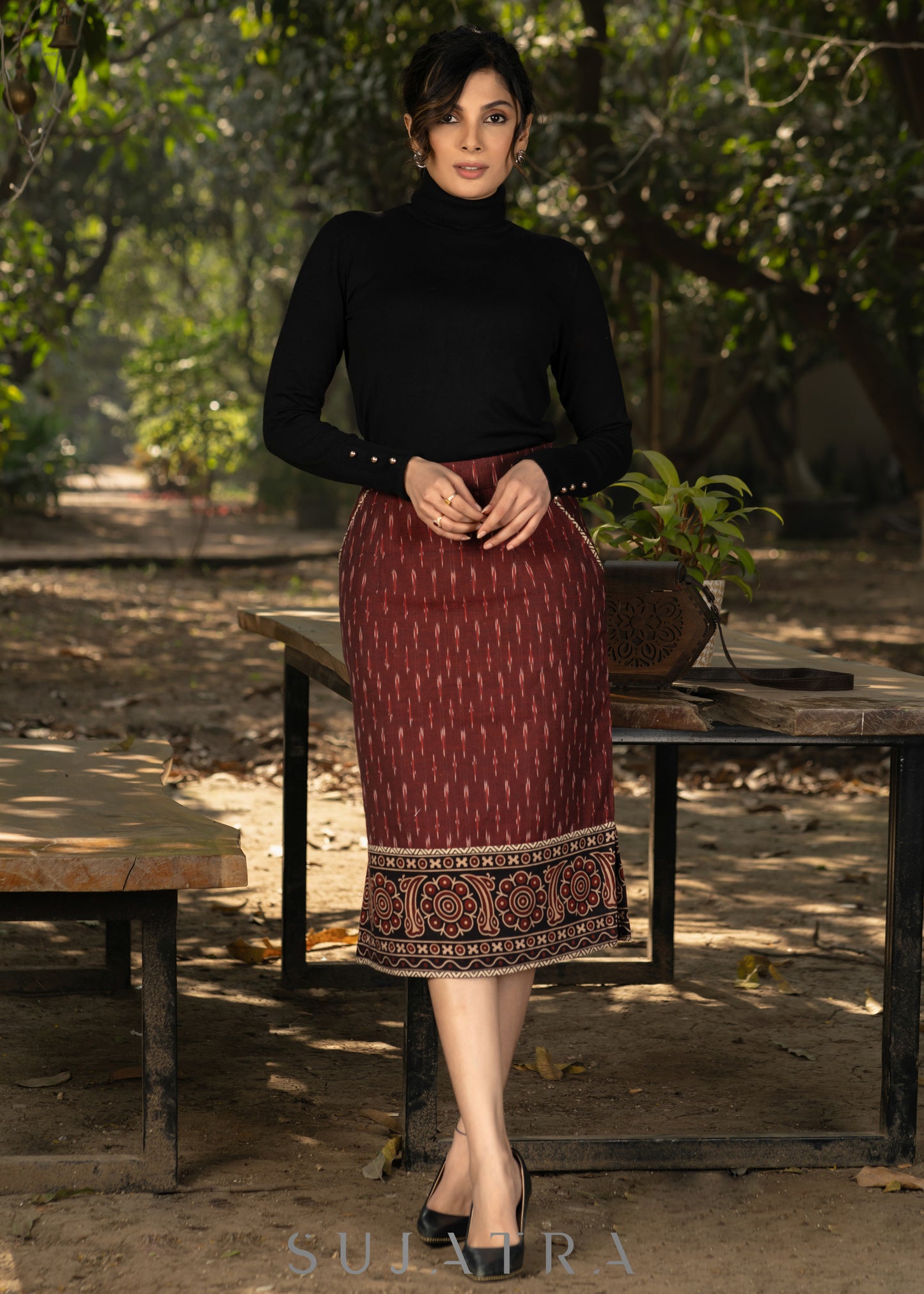 Stlyish maroon ikat fitted skirt with beautiful ajrakh combination