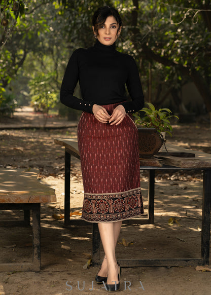 Stlyish maroon ikat fitted skirt with beautiful ajrakh combination