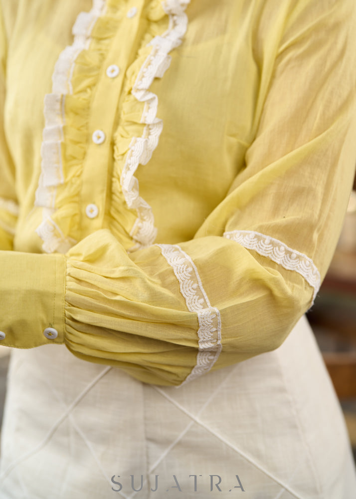 Trendy lemon yellow cotton mul shirt with white lace detailing - Pin tuck skirt Optional
