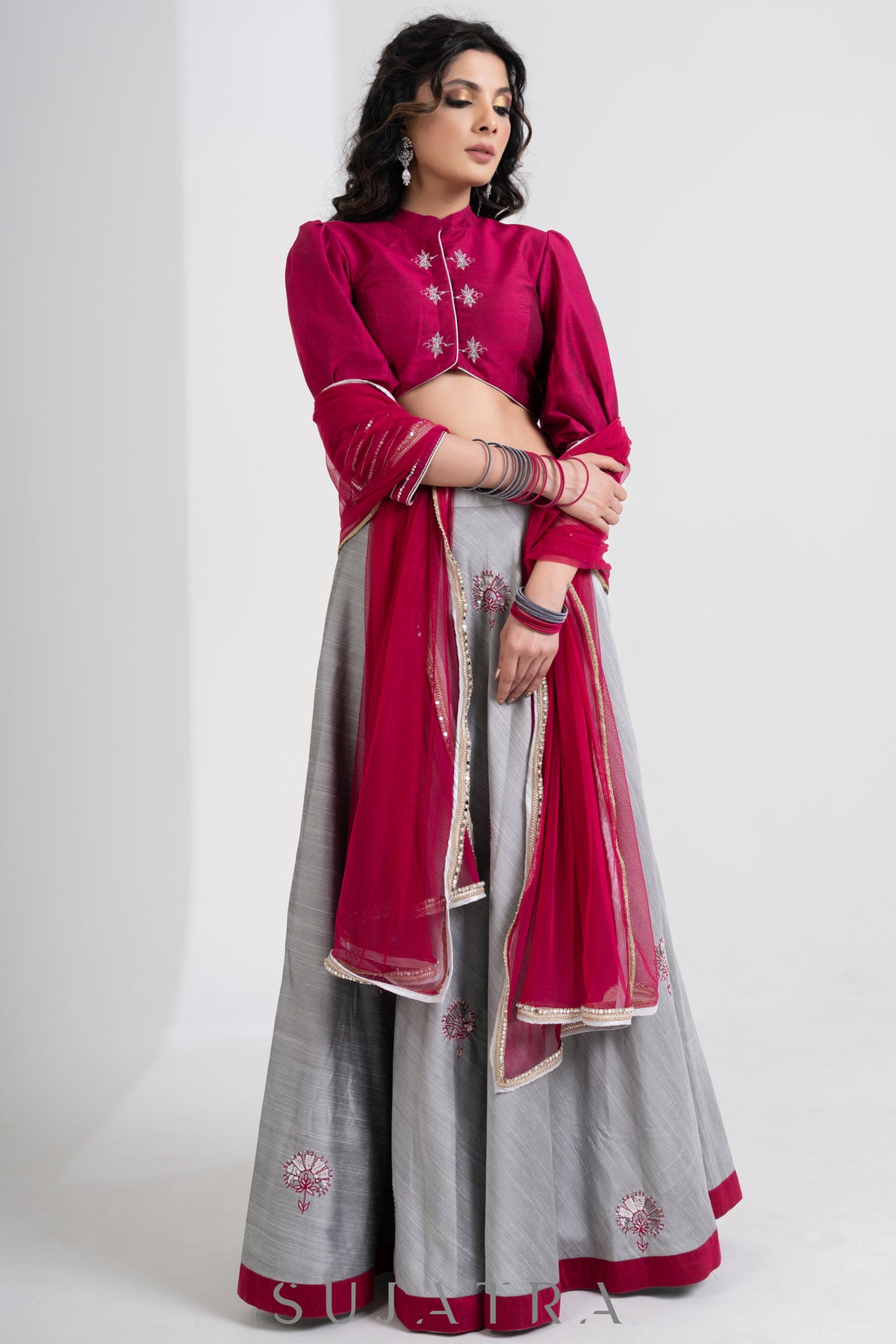 Stylish Grey Cotton Silk Lehenga with Magenta Cottonn Silk Blouse & Net Dupatta - Lehenga + Blouse + Dupatta Set